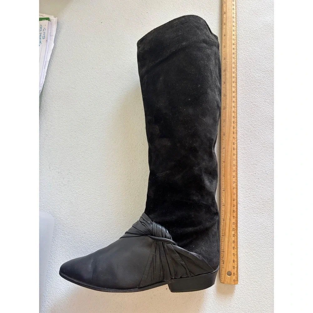 VINTAGE NICKELS Tall Riding Boot Black Leather Suede Knee High‎ Point Toe Shoe 7